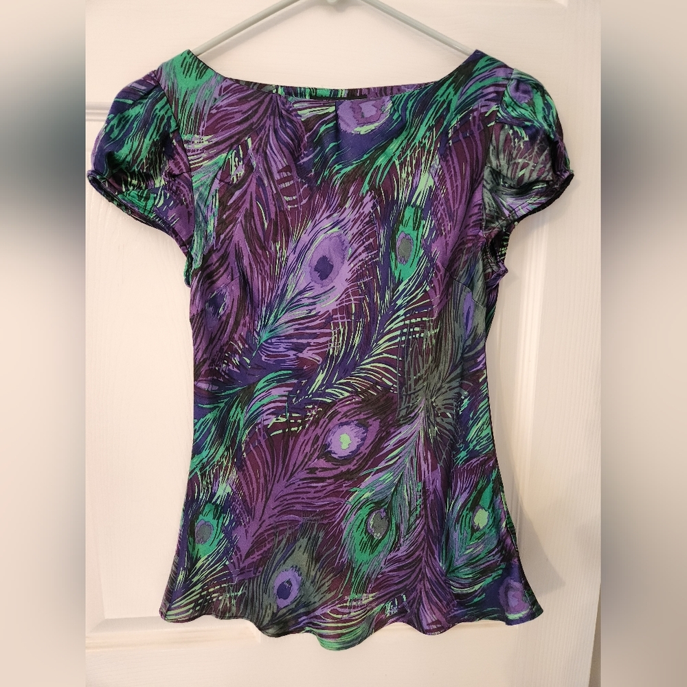 Banana Republic Women's Cap Sleeve Blouse Top Peacock Print Size XS